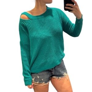 Teal Open-Shoulder Knit Sweater